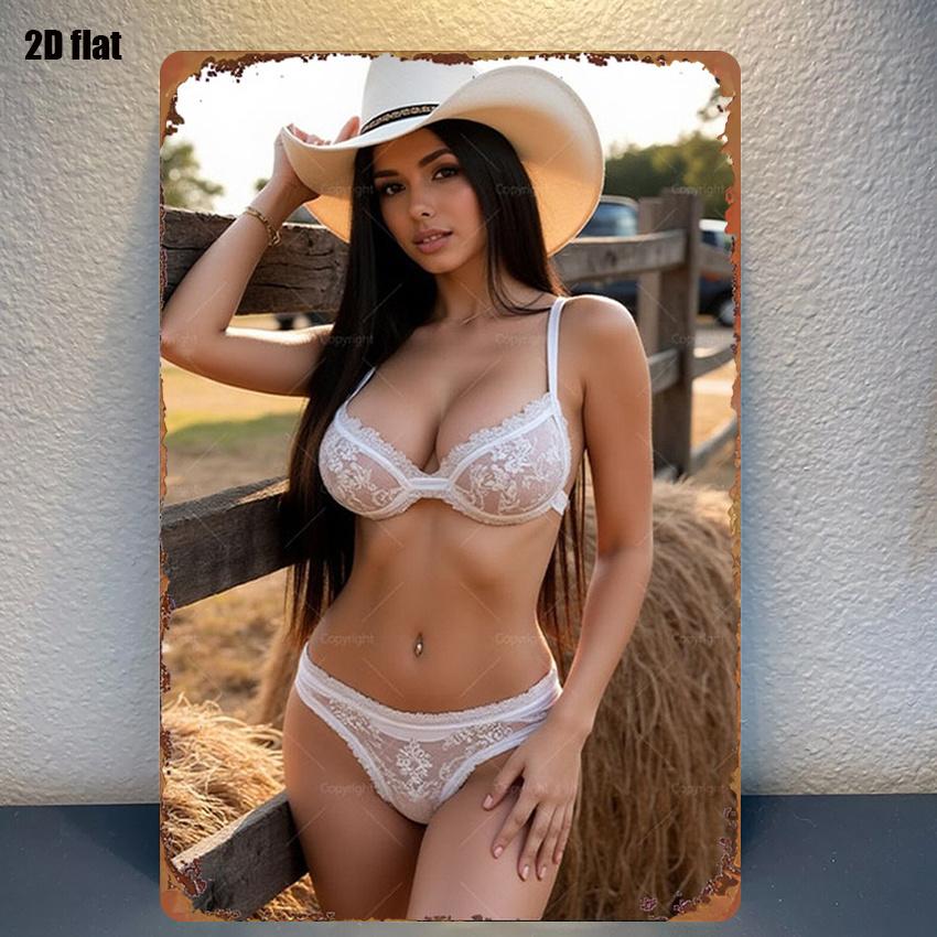 HD Aluminum Tin Sign Cowgirl Lace Lingerie Beauty Retro Metal Poster Man Cave Bar Wall Art Decor X Inch
