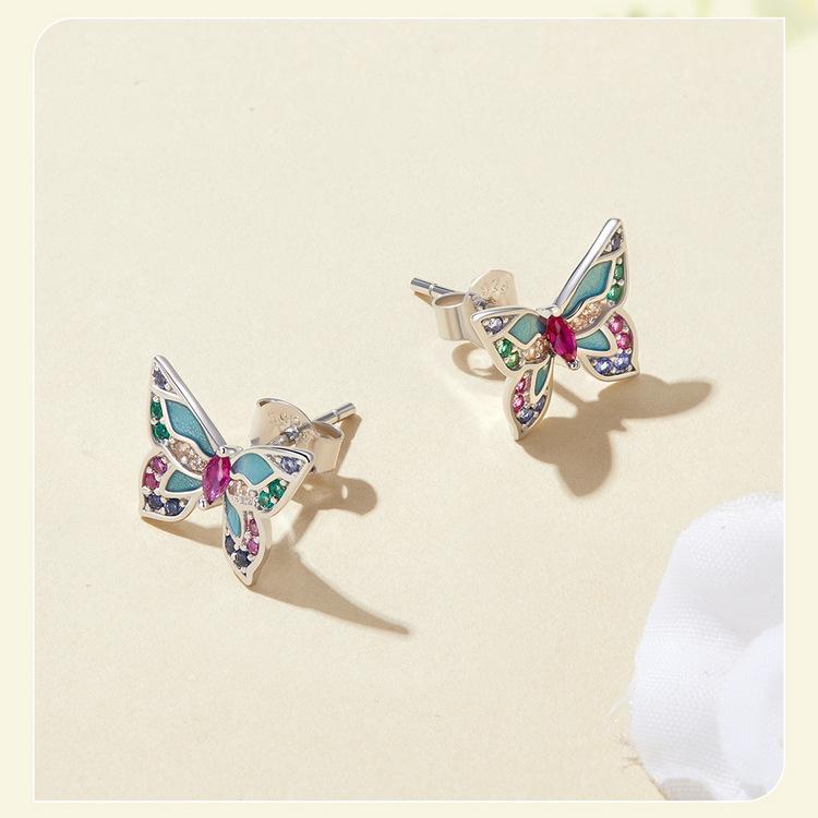 Silver Ziyun S925 Sterling Silver Colorful Butterfly Earrings for Women - Spring Design