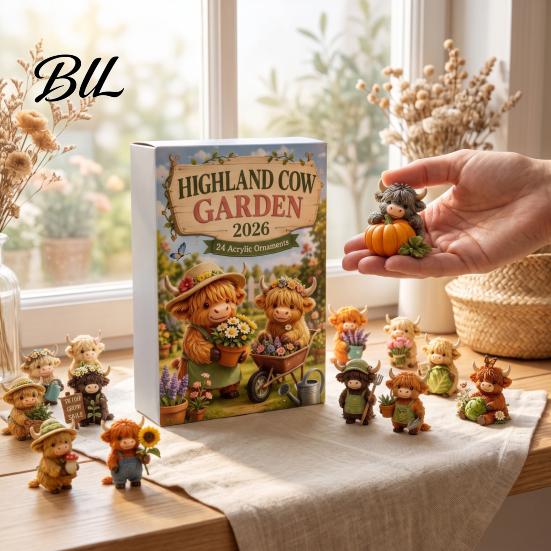 Family Interaction Toys Highland Cow Garden Advent Calendar 2026, 24 Day Christmas Countdown with 2D Creative Gift for Gardeners Acrylic Collectible