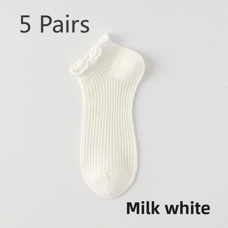 5 par spetssockor Dam Vår och Sommar Tunna Godisfärgssystem Nät Andningsbara Benfria Träöra Spets Låga Korta Bomullssockor