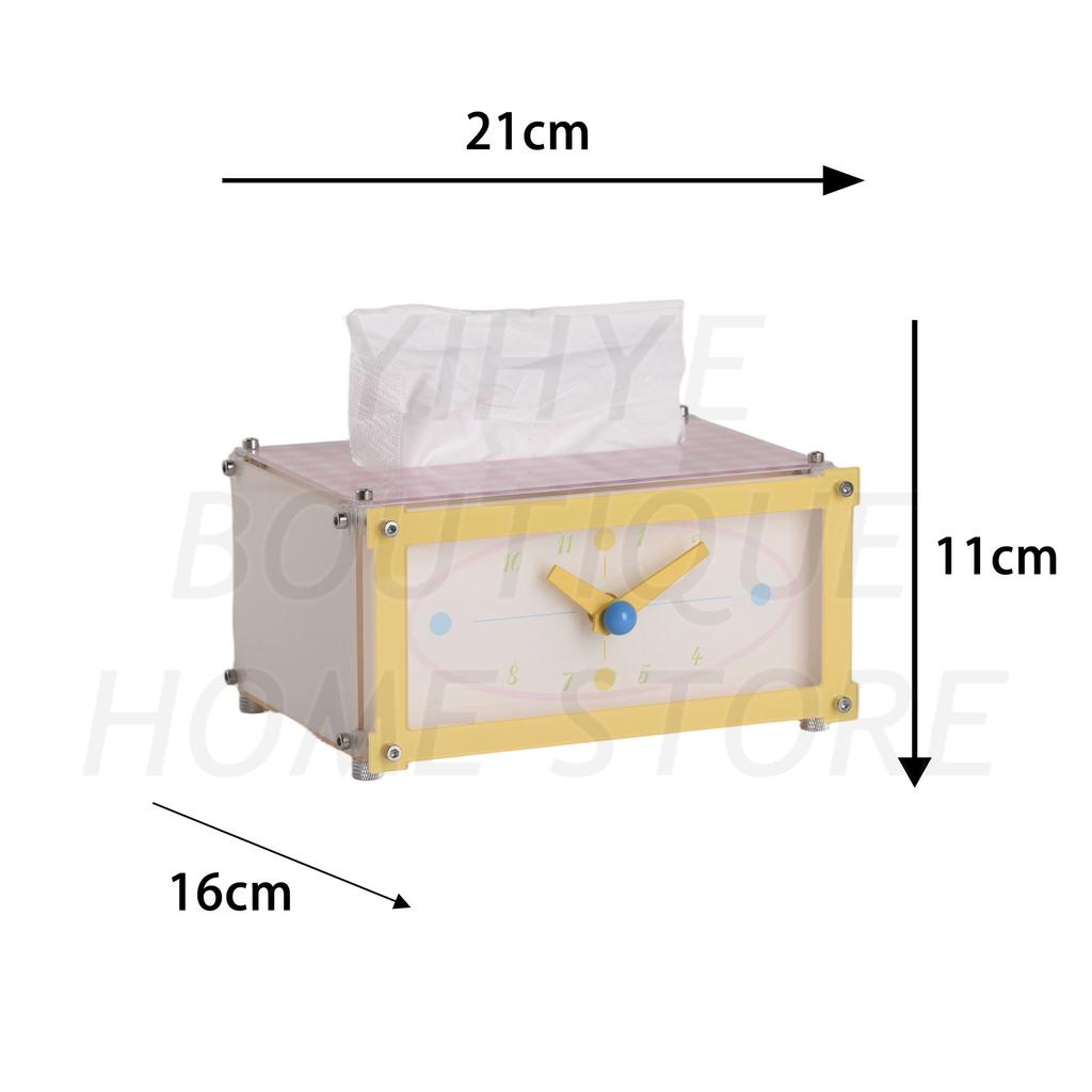 INS Style Dopamine Color Tissue Box with Clock, Creative High-Value Desktop Ornament, Decorative Table Clock for Bedroom Bedside