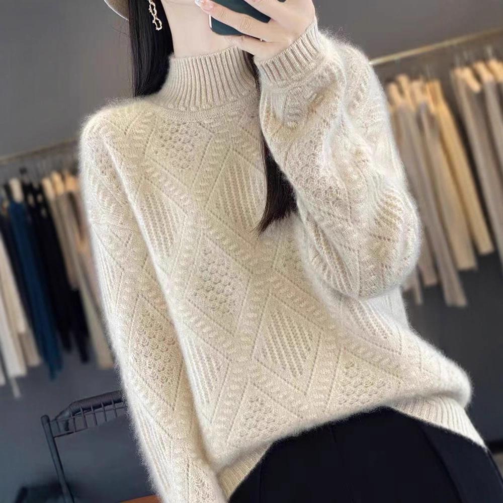 Thick Loose Sweater Women Half Turtleneck Knitted Sweater for Women Solid-color Casual and Warm Pullover