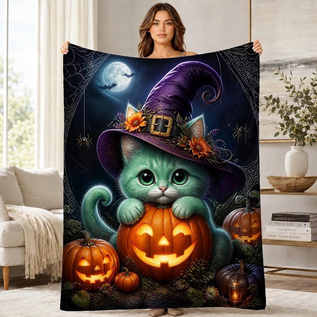 Mint Cat Witch Pumpkin Coral Fleece Blanket Halloween Decor