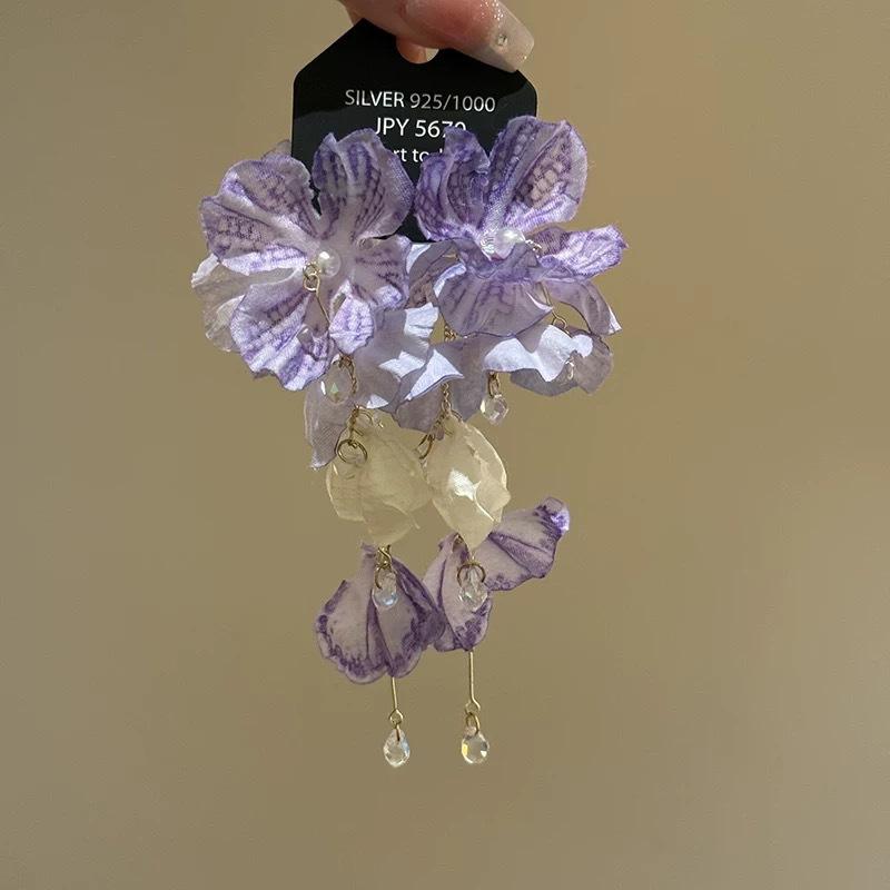 Silver needle fabric rice bead chiffon flower beaded fringed earrings super fairy sweet temperament stud earrings niche design earrings