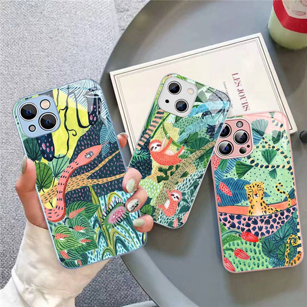 Jungle Art Illustration Snake Cats Sloth Tempered Glass For Iphone 14 13 12 11 Pro Mini XS MAX 14Plus X XS XR Fundas