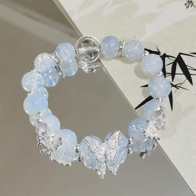 Bracciale con Perline e Ciondolo a Forma di Fiore Rosa di Cristallo Coreano e Farfalla per Donne, Catena Dolce con Perle, Gioielli Regalo per Fidanzata