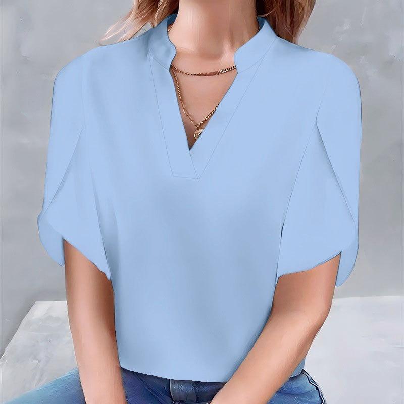 GMXIA Kadın Modası Günlük Düz Renk Desen Kısa Kollu V Yaka Bluzlar ve Gömlekler