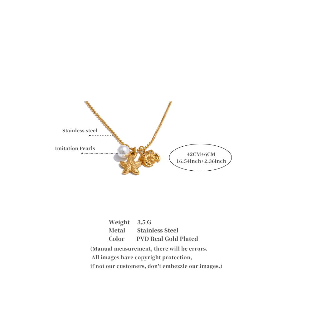 Yhpup Ocean Style Summer Pearl Starfish Crab Necklace Pendant Stainless Steel Gold PVD Plated Holiday Fashion Jewelry for Women