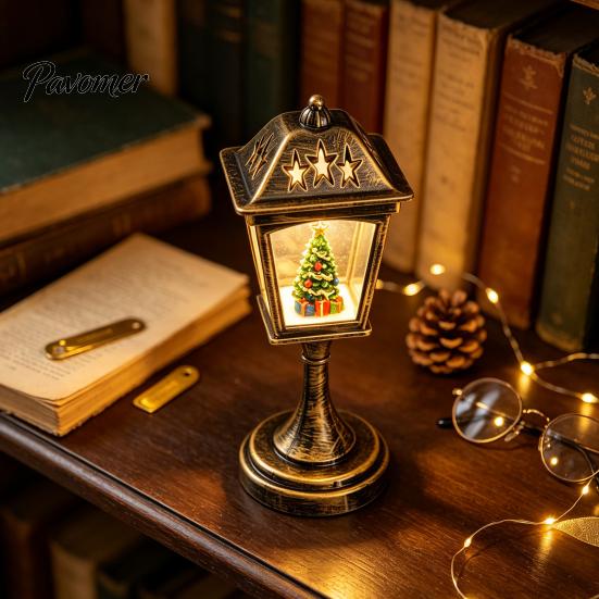 Desktop Healing Decoration Christmas Snow Sphere Lamp, Retro Street Lamp Design, Santa Home Interior Accents Snowman Tree Night Light for Bedroom,