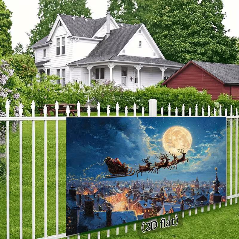 2D Christmas Night Backdrop, Santa Sleigh with Moon and City Lights Background