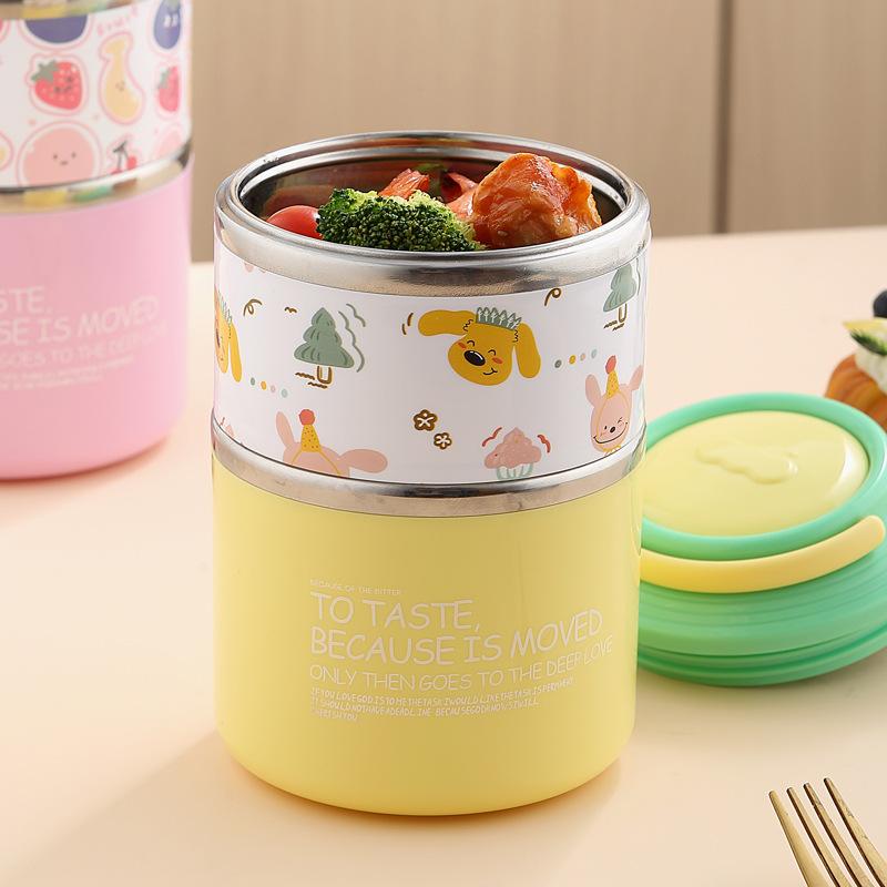 Thermos Bento Box Cartoon Pattern Double Layer Stainless Steel Lunch Box Office Workers Students Portable Thermos Food Container