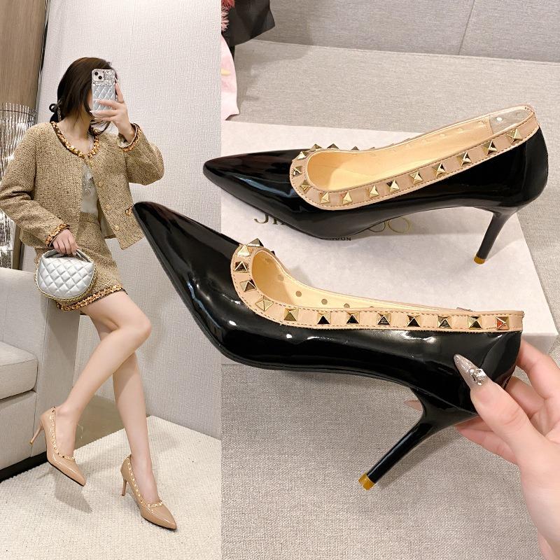 Hong Kong rivet pointed high heels women's spring and summer new fine heel patent leather super high heel temperament single shoes