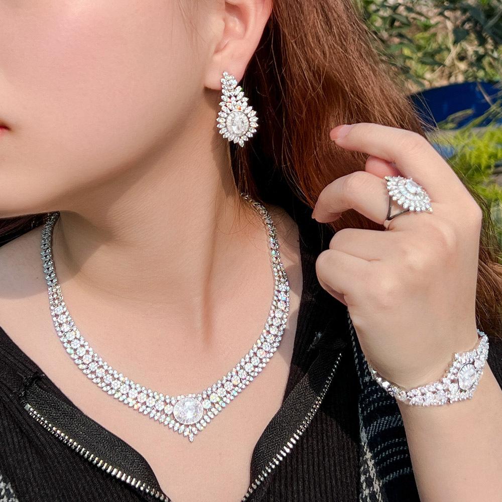 Light Luxury Zircon Full Diamond Necklace Four-Piece Banquet Wedding Bridal Accessories Set Chain Jewelry