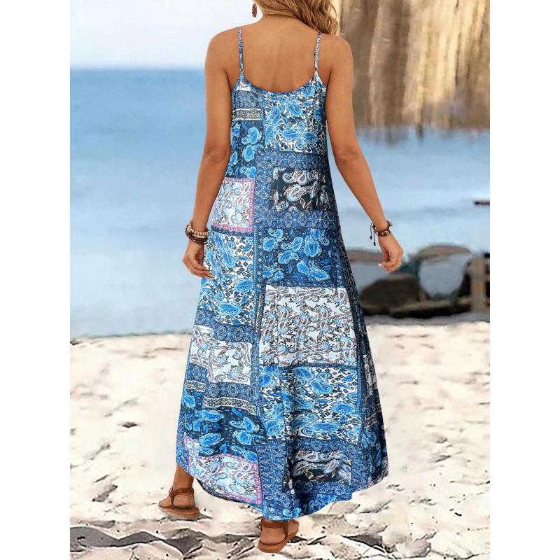 European, American spring and summer women's clothing vacation style printing casual V-neck suspender loose dress