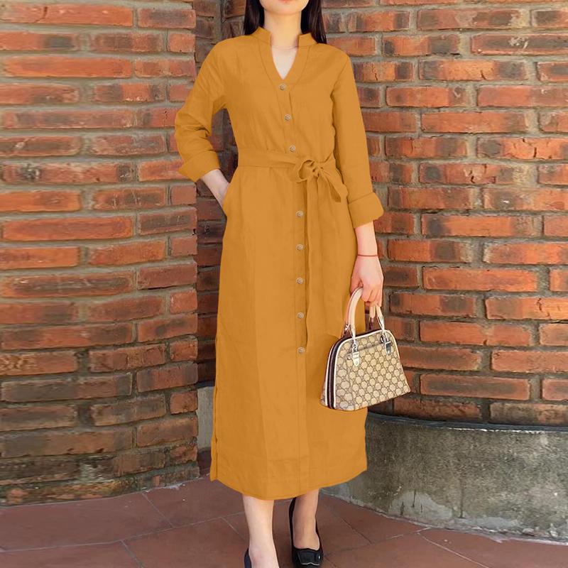 ZANZEA Lässiges, lockeres Kleid mit Stehkragen und langen Ärmeln für Damen