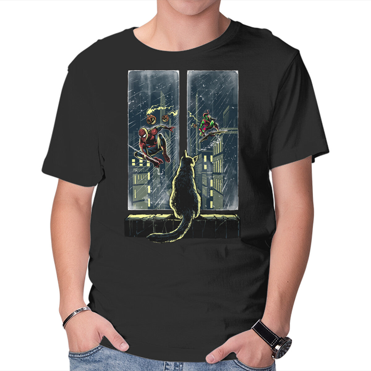 Unisex Crew Neck T-Shirt Curious Cat Superheroes Graphic Short Sleeve Casual Tee XXXXL