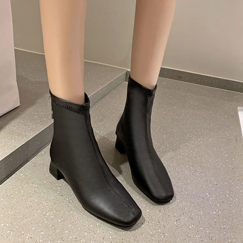 

2025 Autumn/Winter Women s Versatile British-Style Elastic Ankle Boots: Slimming Fit, Square Toe, Chunky Heel with Back Zipper. 37