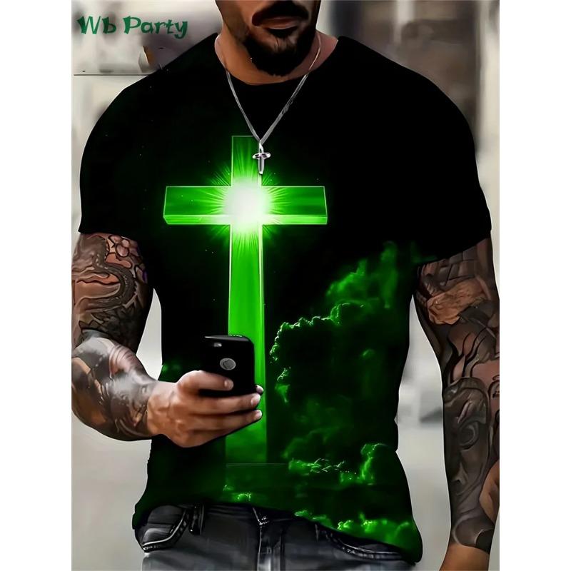 Fashion Crucifix 3D Print Mens Clothing Round Neck T-shirts for Men Casual Loose Men's Clothing Street T-shirts