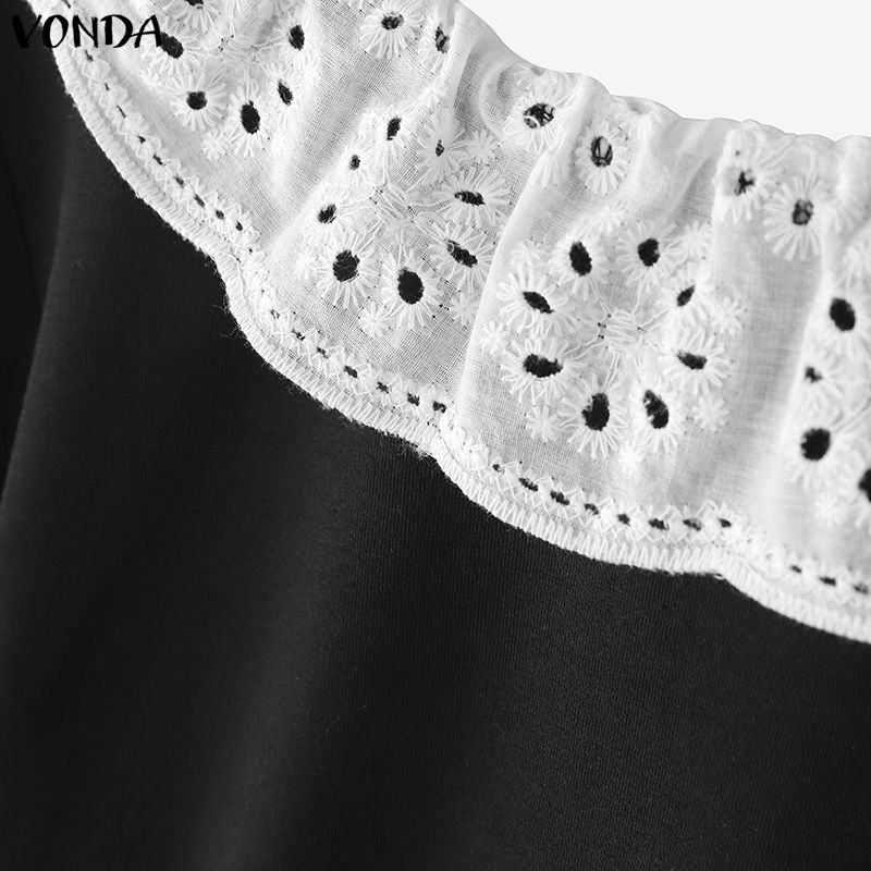 VONDA Women Short Sleeve Lace Crochet Back Bow Patchwork Casual Cropped Blouse