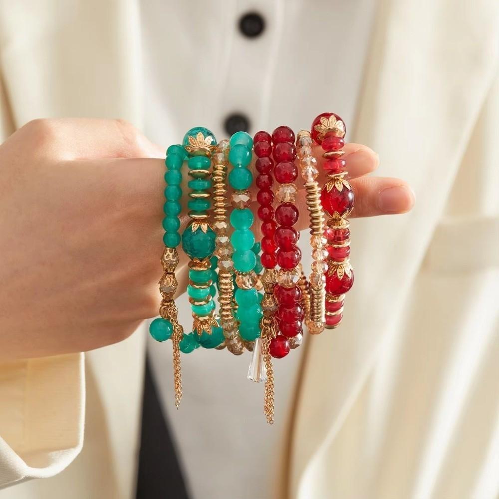 Crystal Tassel Bohemian Crystal Bracelet Multi-Layer Elastic Rope Tassel Bracelet Handmade Beaded Adjustable Women Bracelet