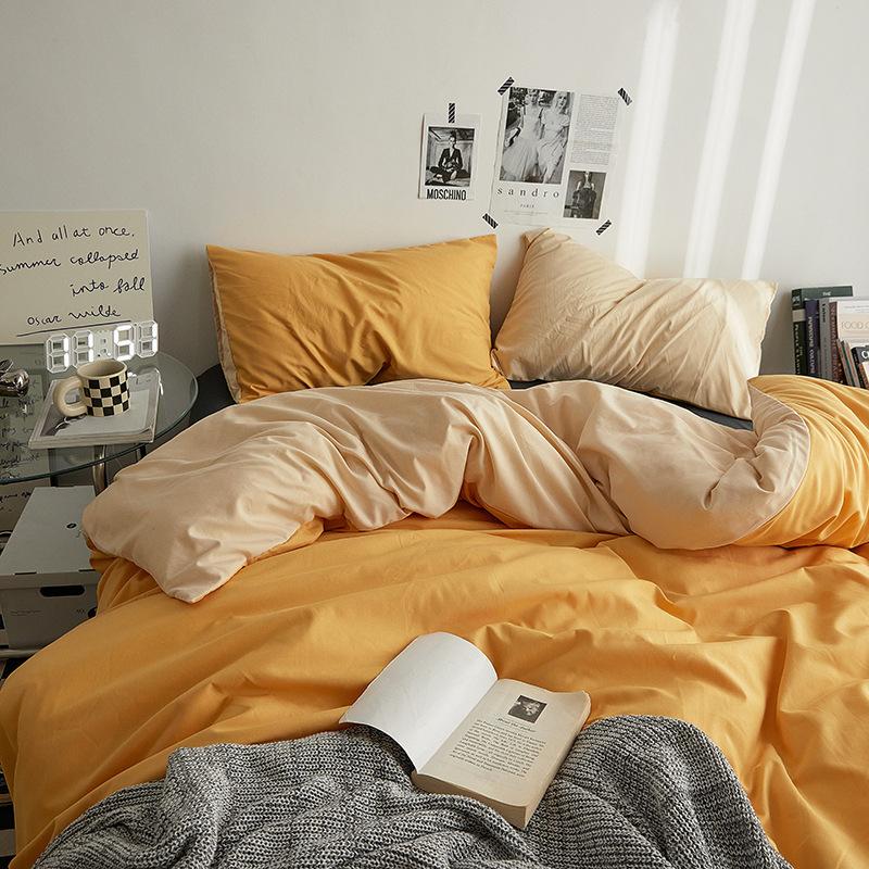 Bettlaken-Set im Ins-Stil, zweifarbig, Bettlaken aus gewaschener Baumwolle, Bettbezug, Bettlaken, 3-teiliges Set, Bettdecken-Set, Queen-Size-King-Size