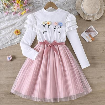 Girls' Fashionable Fall Dresses: Elegant Children's Lace Long-Sleeve Patchwork Tulle Princess Dress