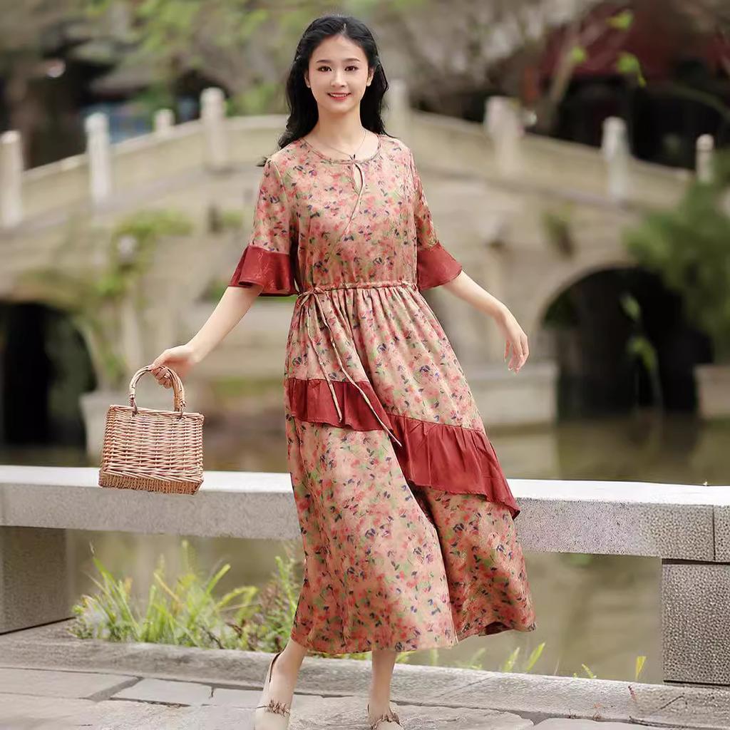 Johnature Woman Summer Fashion Print Devise Half Sleeve Dress Splicing Contrast O-Neck Dress