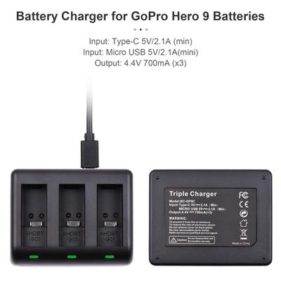 Action-Kamera-Akku-Ladegerät, 3 Steckplätze, schnelles Aufladen mit Micro-USB- und Typ-C-Eingang, Ersatz für
