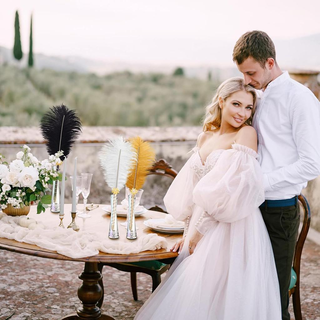 CROWN GUIDE Crystal Ostrich Feather Pen Quills for Wedding Guest Book Signing Nikkah 1920s Great Gatsby Reception Accessories Bridal Shower Party