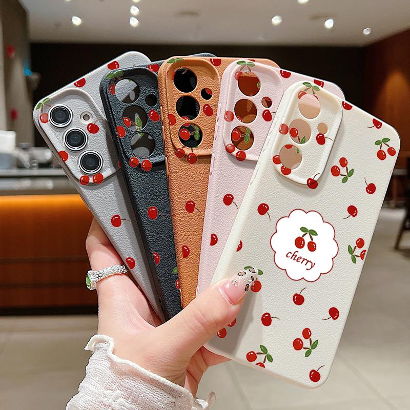 Cute Cherry Print Matte TPU Leather Texture Phone Case For Samsung S25 Ultra S24 FE S23 S22 S21 A56 A36 A16 A55 A35 A26 A15 Shockproof Soft Slim Cover