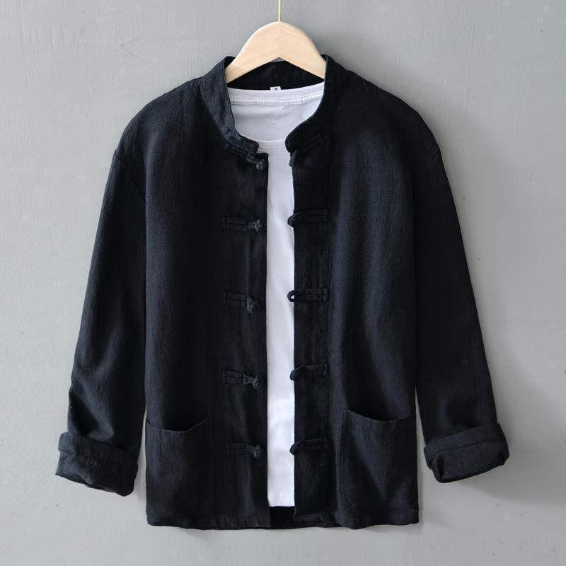 Men's Long-Sleeve Chinese Retro Ramie Shirt - Tang-Style Cotton Linen Jacket for Spring/Summer