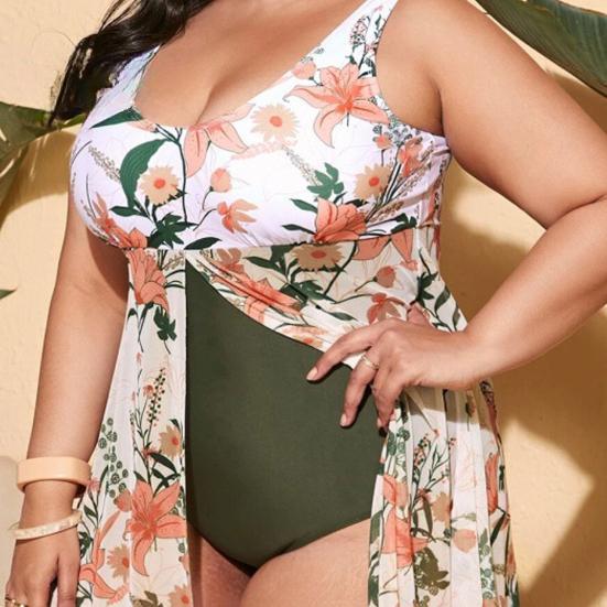 Costum de baie întreg de vară pentru femei plinute, cu gât U, fără mâneci, cu imprimeu de plante, tiv crăpat, control abdomen, costum de înot, uscare rapidă, îmbrăcăminte de plajă EMA