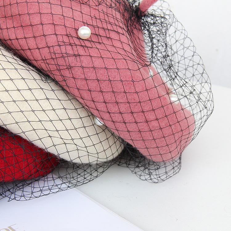 Autumn and winter solid color wool beret women's pearl mesh bud hat small fragrance British retro painter hat tide