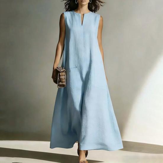 Summer Sleeveless Dress for Women Casual V Neck Long Tank Dress Flowy A-line Beach Sundress with Pockets
