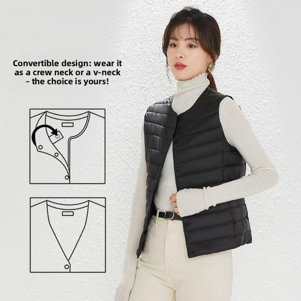 Women Collarless Down Vest Lightweight V Neck Warm Inner Liner Plus Size