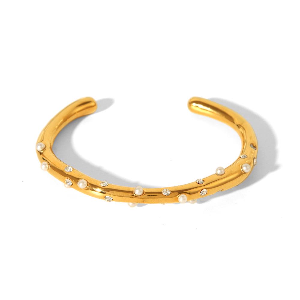 French Retro 18K Gold-Plated Zircon Pearl Stainless Steel Open Bangle Bracelet