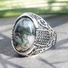 Aquatic Agate Stone Men's Fashion Jewelry Punk Hip Hop Silver Carved Ring