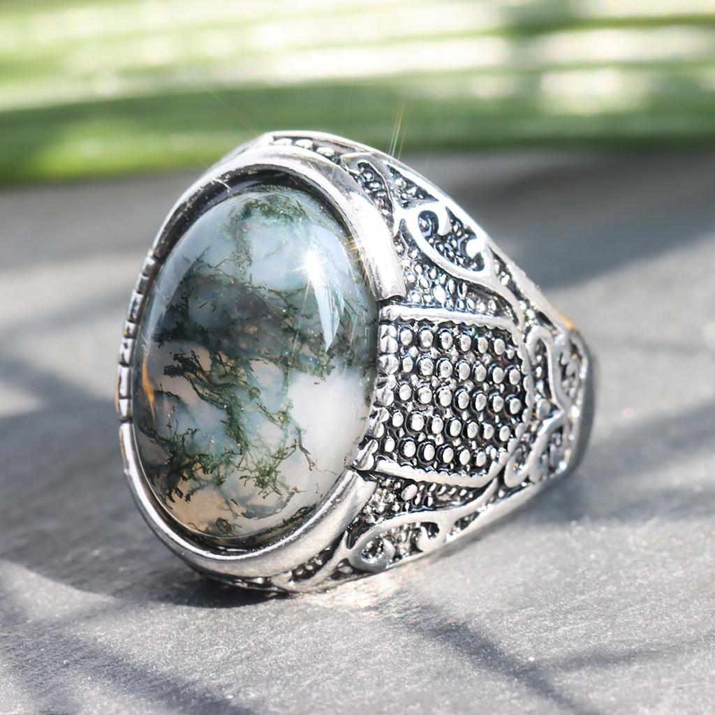 Aquatic Agate Stone Men's Fashion Jewelry Punk Hip Hop Silver Carved Ring