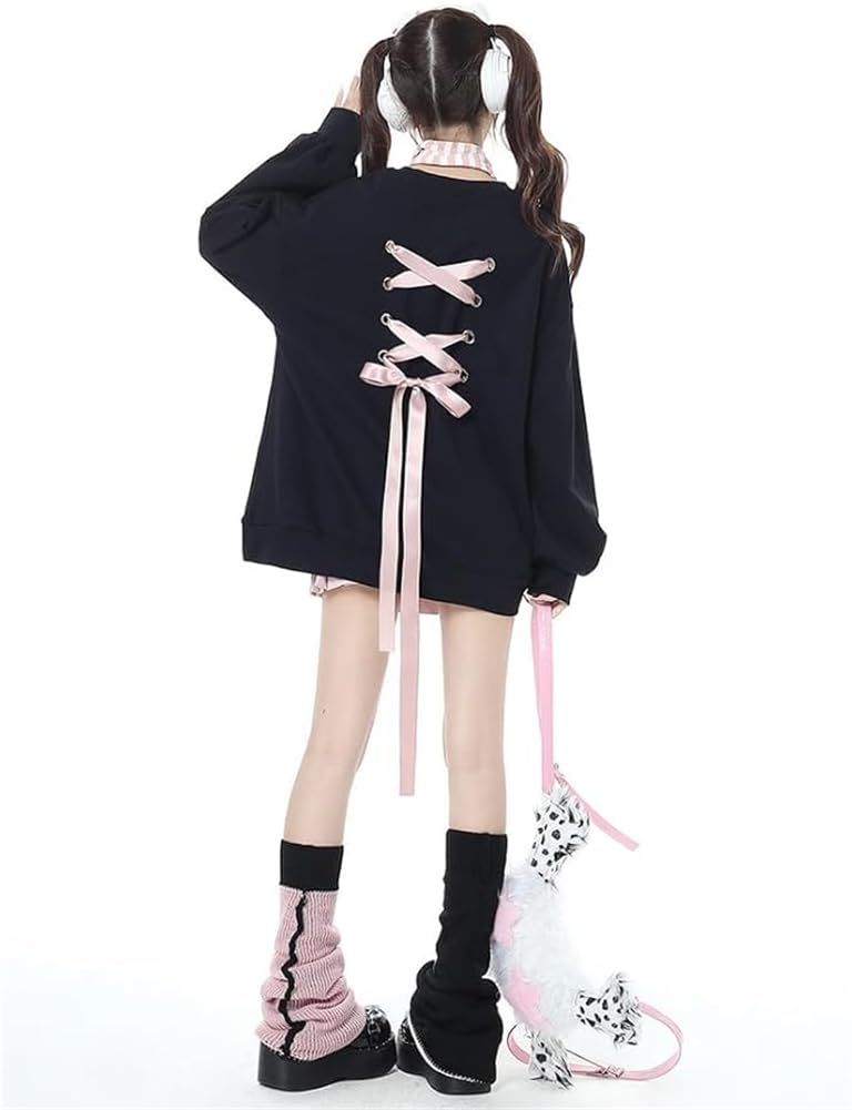 Long Sleeve Loose Fit Plus Pullover Sickly Perfect for Everyday [KTNCFD] Women's Hoodie, Mass-Produced Style, Sizes, Top, Subculture, Cute, Ribbon,