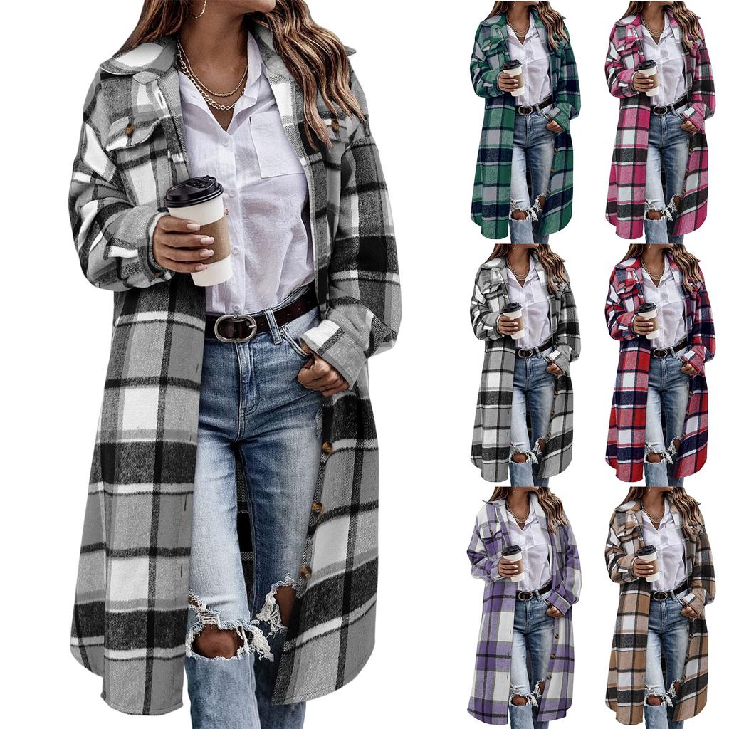 Women's Fashionable Oversized Long-Sleeve Collared Plaid Trench Coat With Patch Pockets