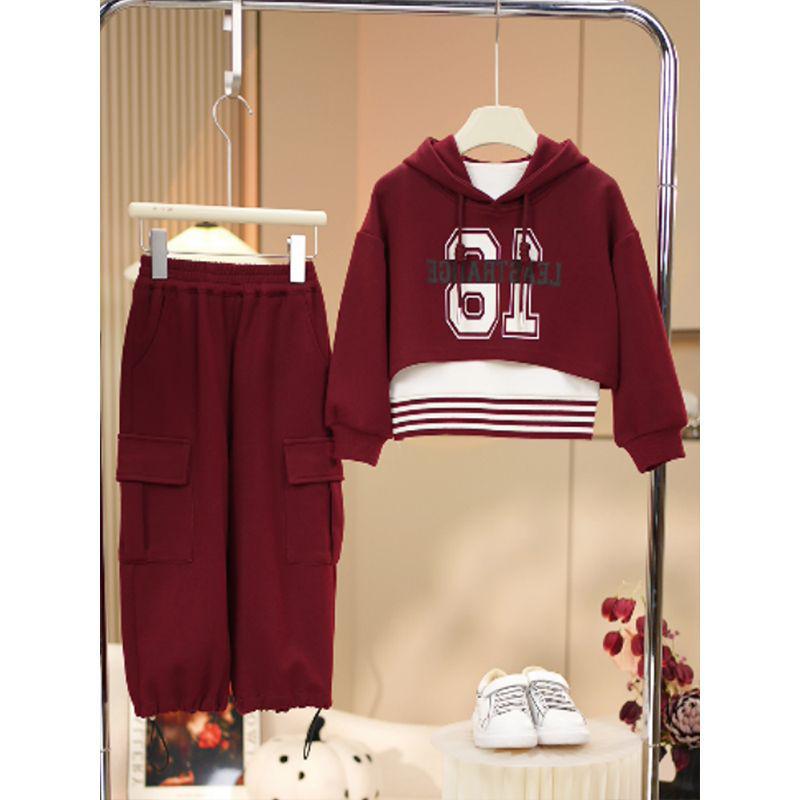 Dziewczęcy prążkowany zestaw 3-częściowy - Kamizelka i sweter z kapturem - Moda wiosenno-jesienna