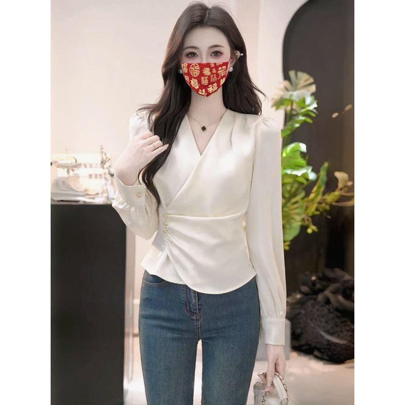

French Entry Lux Graceful Satin V-neck Long Sleeve Shirt Women 2025 Fall Irregular Cinched Slim Looking Chic Tops Picture Color S
