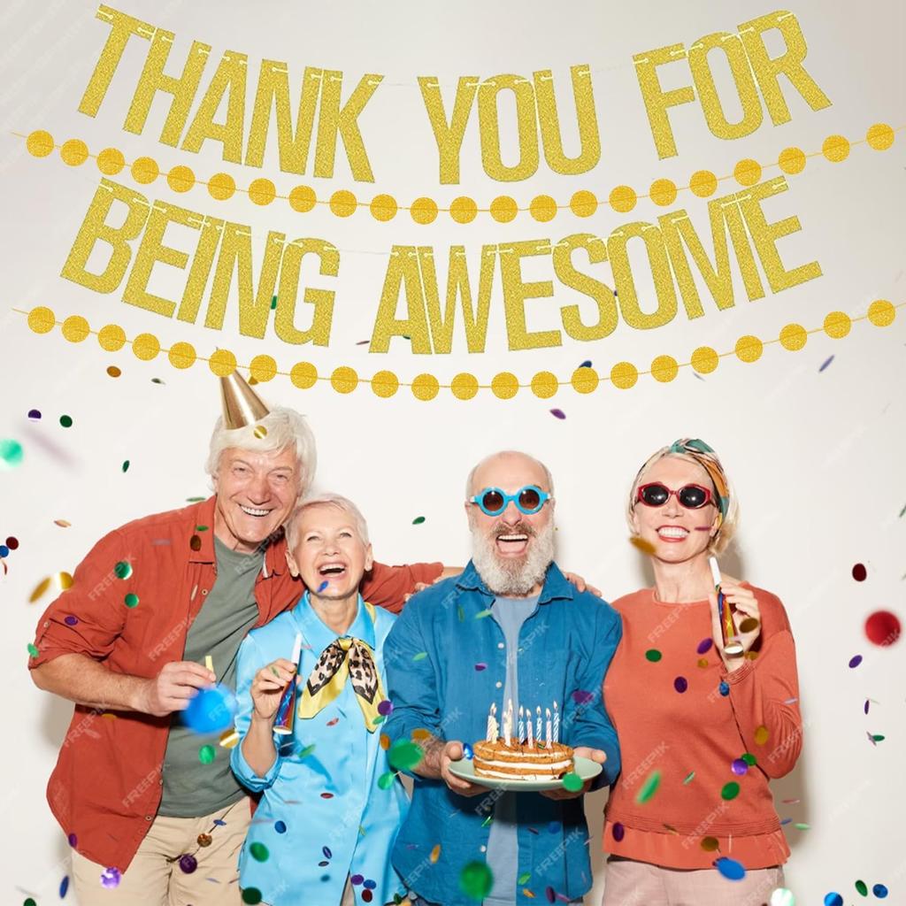 Pre-Strung Thank You for Being Awesome Gold Glitter Banner,NO NEED DIY Cute Banner Sign with 2PCS Hanging Circle Dot Streamer for Graduation