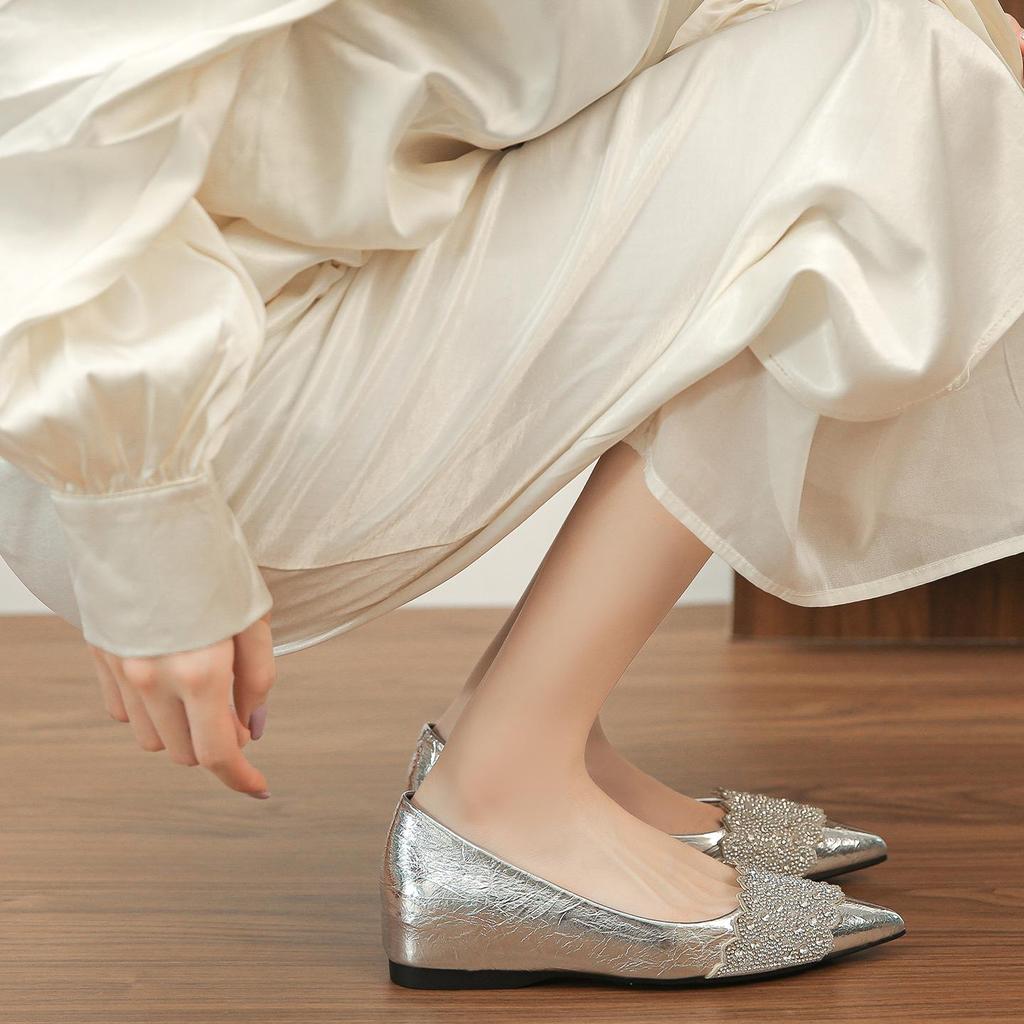 2025 Autumn Silver Rhinestone Pointed Toe Low-Cut Women's Shoes - 5CM Hidden Heel, Comfortable Fit