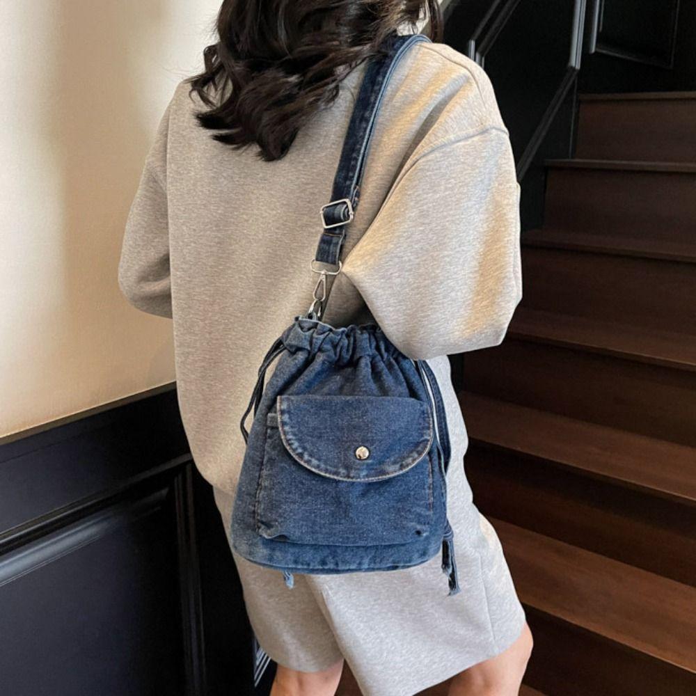Umhängetasche Kordelzug Beuteltasche Koreanischer Stil Handytasche Retro Denim Umhängetasche Damen