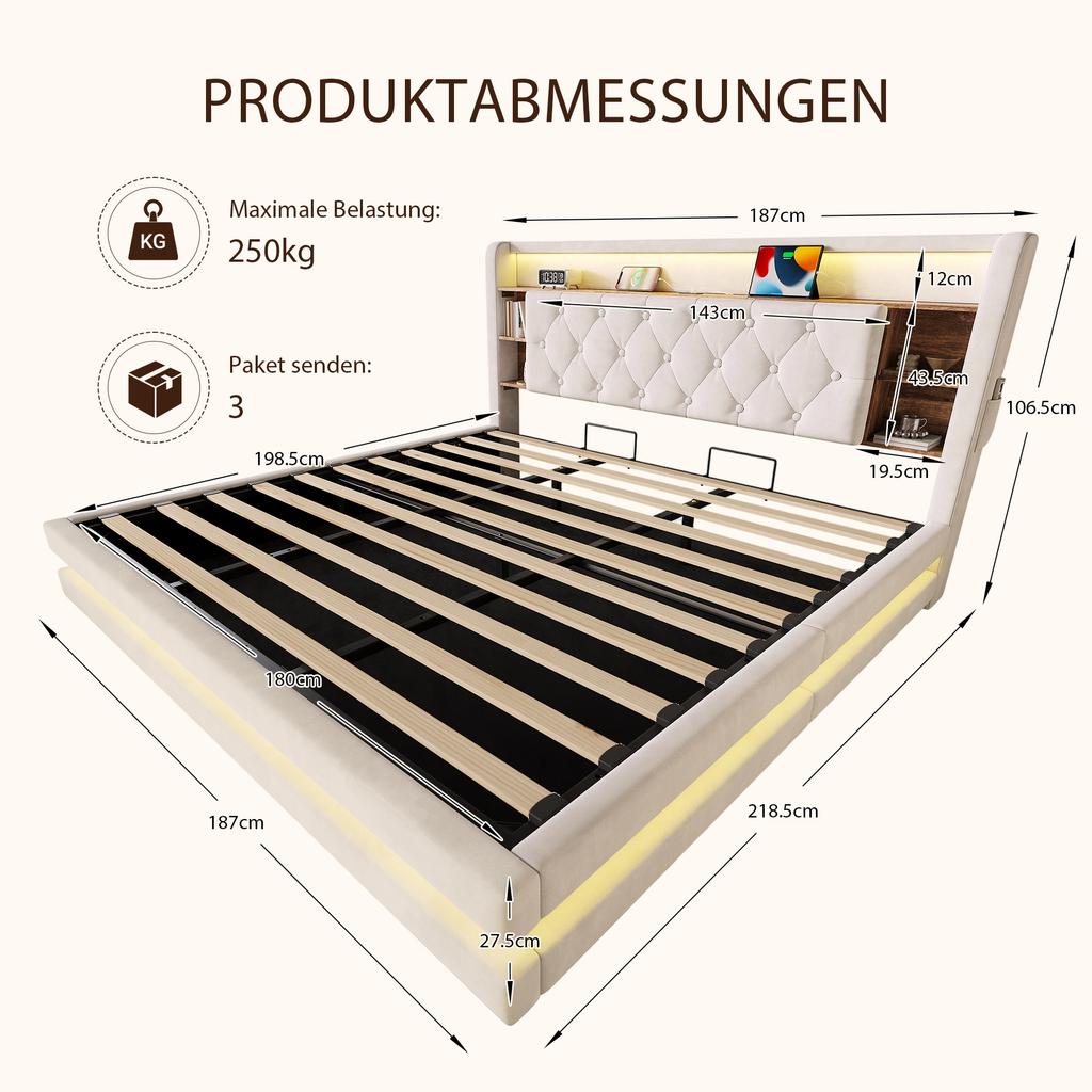 Letto imbottito con contenitore 180 × 200 cm, Letto in velluto con testiera multifunzionale, Illuminazione a LED, 2 Porte USB e Type-C, Idraulico, Beige