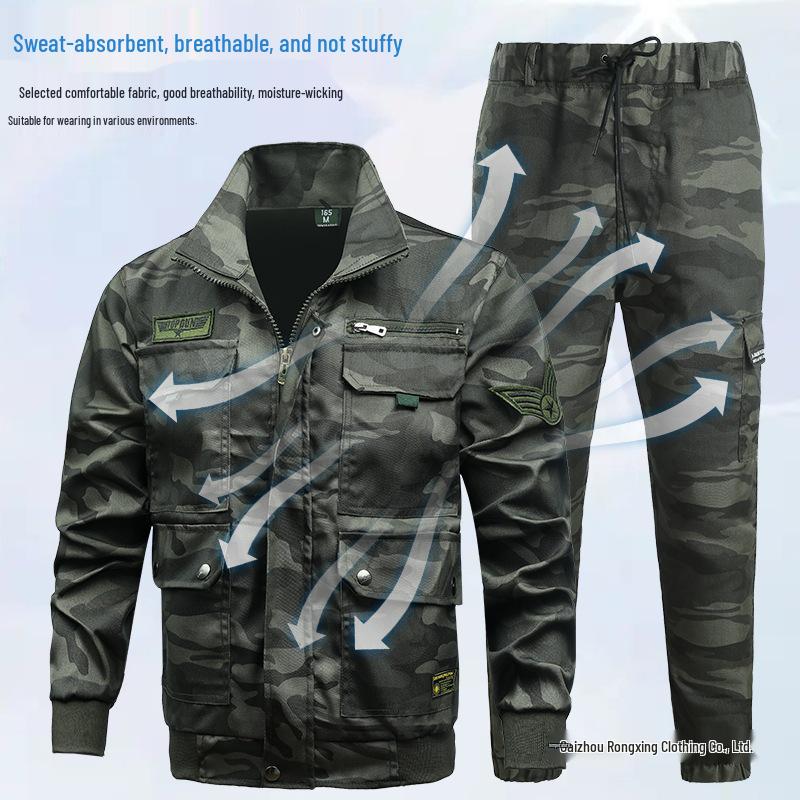 Men's Camouflage Welding Suit - Durable Cotton Workwear for All Seasons - Ideal for Military Training, Workshops, and Construction Sites