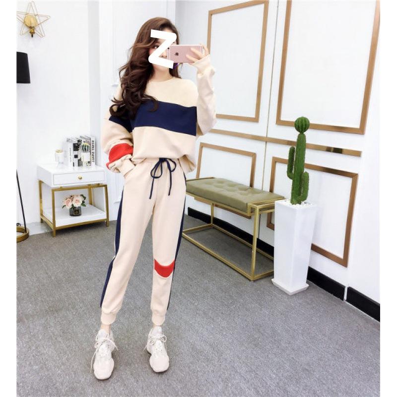 

Spring and Autumn Suit for Female Students Casual Sports Korean Fashion Loose Color Block Sweatshirt Small Leg Pants Two-piece Set 2XL