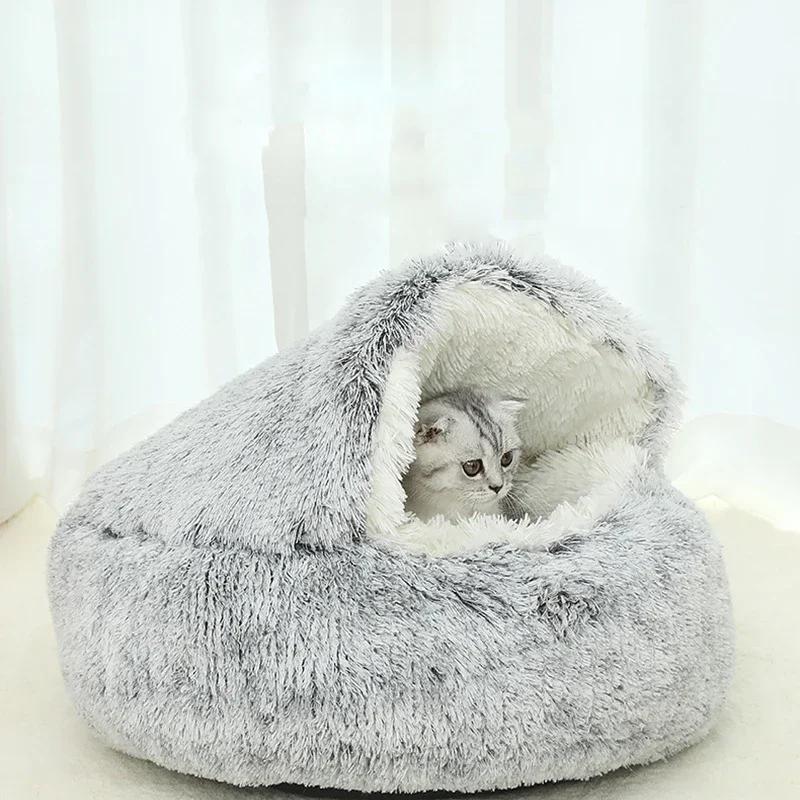 Plush Round Cat Bed Pet Mattress Warm Soft Comfortable Basket Cat Dog 2 In 1 Sleeping Bag Nest for Small Cat Puppy