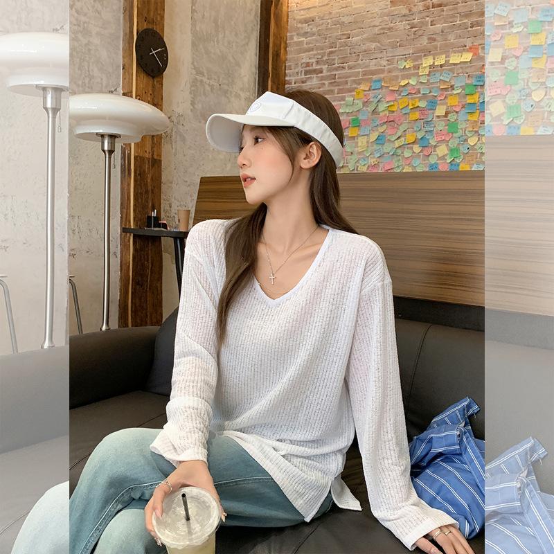 Summer Super Fire White V-neck Pure Desire Slightly Transparent Long-sleeved Blouse Women's Super Good-looking Slim-fitting Versatile Sunscreen Top